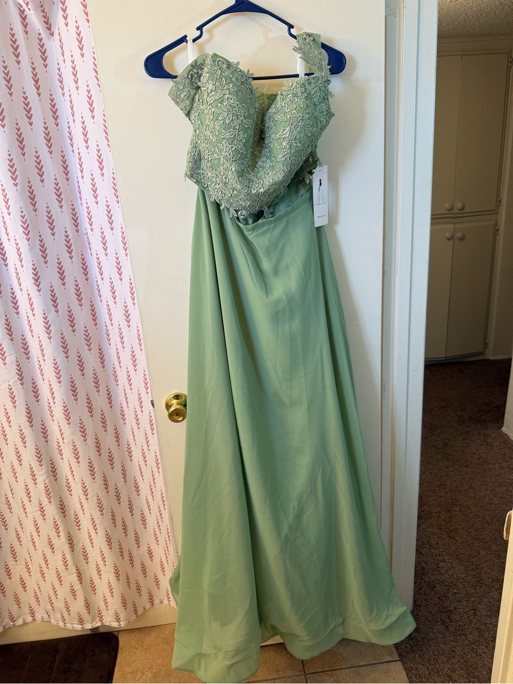 Sage Green Lace Appliqué Evening Gown